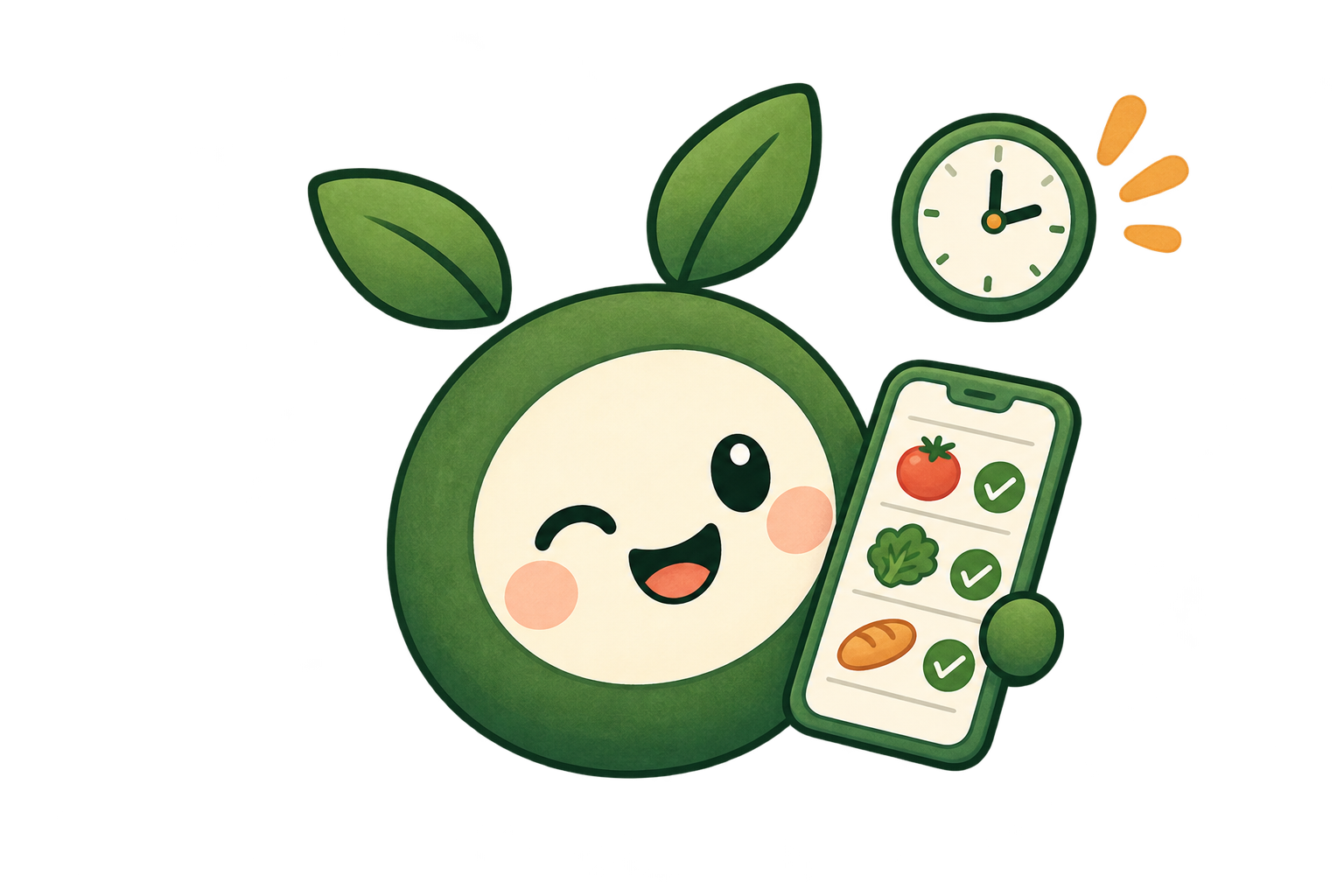Nibble mit Smartphone, Checkliste und Uhr