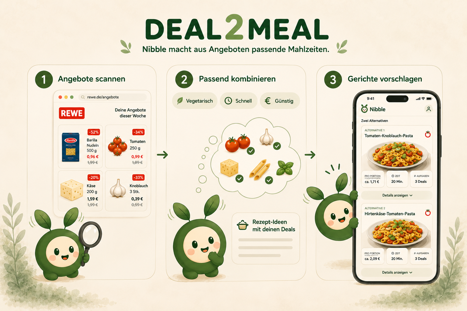 Deal2Meal macht aus Angeboten passende Mahlzeiten: Angebote scannen, kombinieren und Gerichte vorschlagen.
